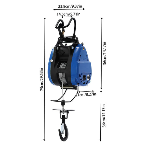 Huge 1100 Lb Electric Winch With Wireless Remote And 98 Foot Cable, Powerful 1800W Motor, blue design with cable and hook.