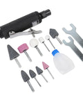 Heavy Duty Pneumatic Die Grinder Kit with various grinding bits, wrenches, and lubricant for automotive and mechanic shops.