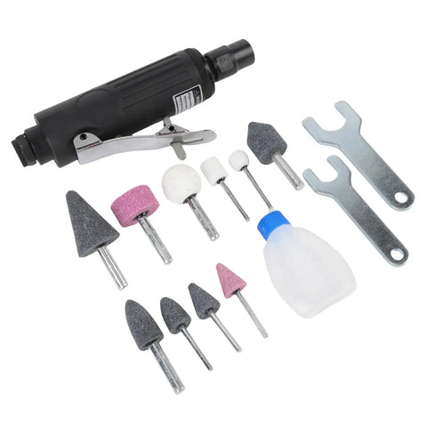 Heavy Duty Pneumatic Die Grinder Kit with various grinding bits, wrenches, and lubricant for automotive and mechanic shops.