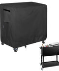 Waterproof Cooler Cart Cover For 80 Quart Patio Coolers Fits Rolling Ice Chest 36L By 20W By 34H Inches Durable All Weather Outdoor Shield From Rain Dust Sun UV covering a black cooler cart on wheels.
