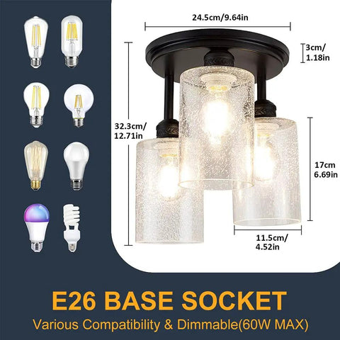 Semi Flush Mount Ceiling Light With Farmhouse Vibe And Seeded Glass, 3-Light Chandelier Fixture In Black Finish, E26 Base, size details