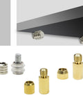 20 Piece Heavy Duty Metal Shelf Brackets And Shelf Pins Set showing brass and metal components for cabinets and shelves.