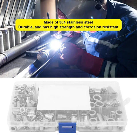 Pro Grade Rivet Nut Kit For Sheet Metal Repair M3 To M10 stainless steel inserts and organized box with welder in background.