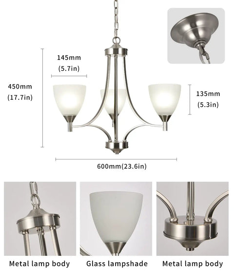 Three Light Dope Sleek Contemporary Chandelier In Brushed Nickel With White Glass Shades Modern Ceiling Hanging Pendant Lighting