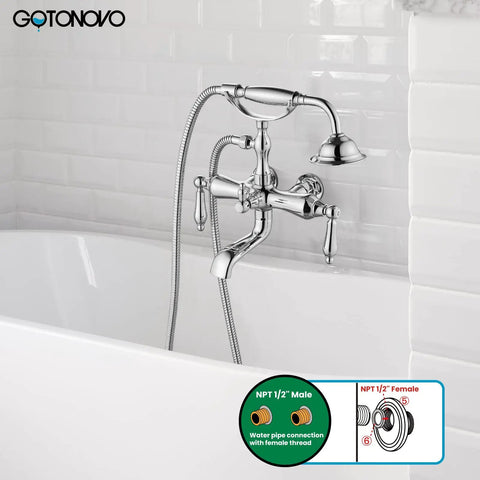 Vintage Style Dope Bathtub Filler Wall Mount Clawfoot Faucet With Handheld Shower Kit Solid Brass Polished Chrome Finish