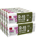 Workhorse R15 Kraft Faced Fiberglass Batt Insulation Covers A Full 832 Square Feet Fits Standard Two By Four Wall Cavities With Solid Moisture Barrier Eight Bags Total. Image of eight packs of R-15 fiberglass insulation batts.