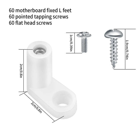 Arcade Console PCB Mounting Feet With Screws White L Shaped Plastic Standoffs and metal screws shown with measurements