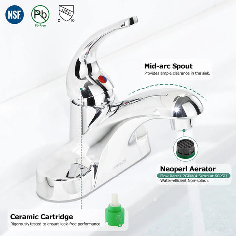 Single Handle Mid Arc Centerset Bathroom Sink Faucet With Chrome Finish Metal Push And Seal Drain cUPC Certified NSF 61 Lead Free 4 Inch Centerset 3 Hole Mount Includes Faucet Supply Lines Easy Temperature Control showing mid-arc spout and Neoperl aerator