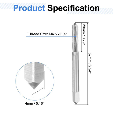 Top Shelf Three Piece Metric Hand Tap Set For M4.5 X 0.75 Threads High Speed Steel Manual Threading Kit with specifications.