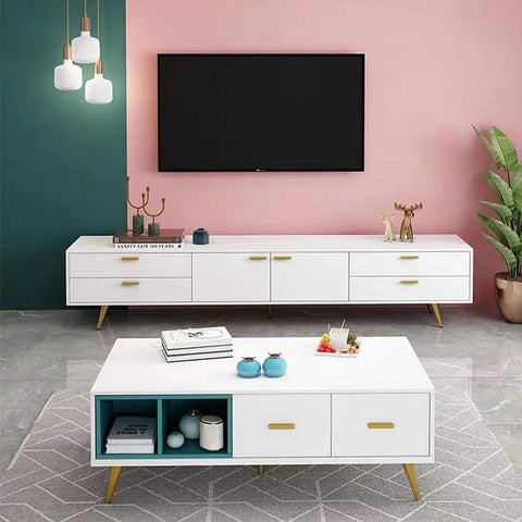 Living room with TV cabinet and coffee table on golden metal sofa legs set 4 beefy adjustable cone furniture feet for sofas coffee tables.