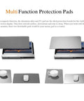 Magnetic aluminum and PU protection pads for JoyReal dual screen display shown as mouse pad and coaster options.