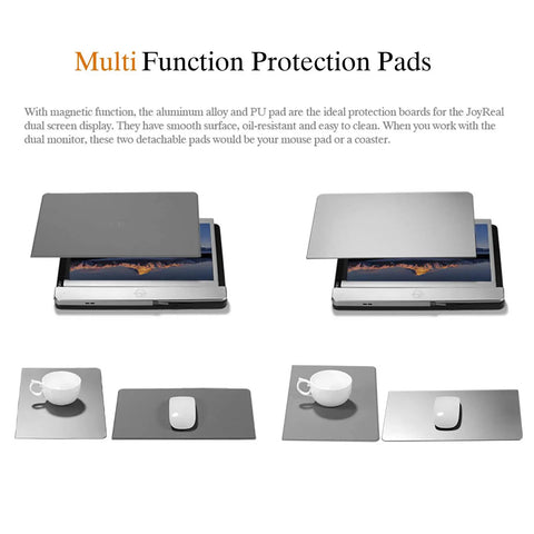 Magnetic aluminum and PU protection pads for JoyReal dual screen display shown as mouse pad and coaster options.