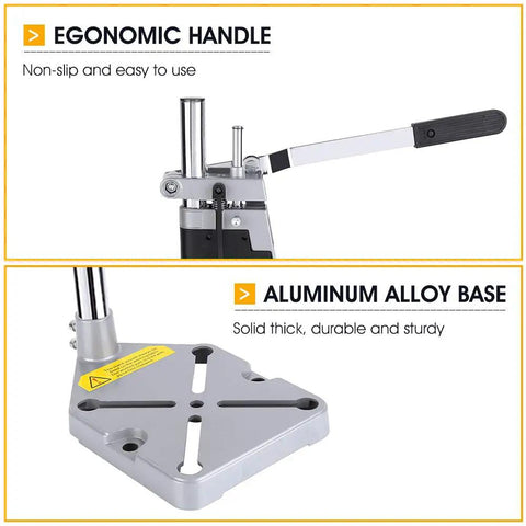 Knock Out Precise Holes Like A Pro With This Bench Drill Press Stand Featuring Portable Guide And Universal Quick Clamp Workbench showing ergonomic handle and aluminum alloy base.