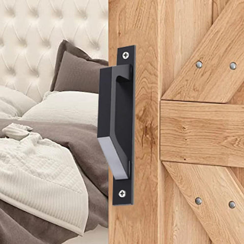 Close-up of 7.9 Inch Sliding Barn Door Handle Black 2 Pack Wooden Door Pull Handle for barn doors in farmhouse setting.