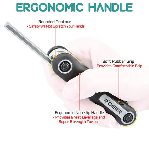 Hand holding 8 In 1 Folding Hex Key Set with Non Slip Rubber Grip featuring ergonomic handle and metric sizes 1.5mm to 8mm.