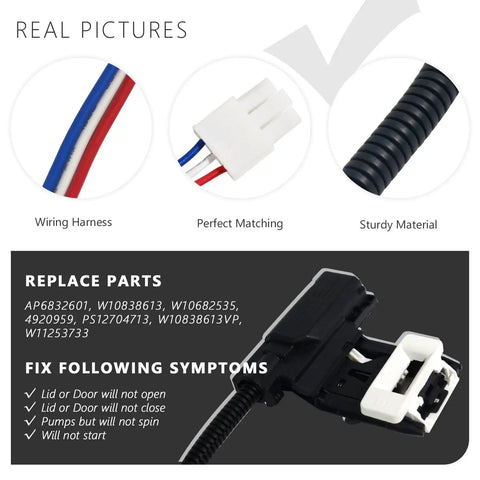 Washer Lid Lock Replacement 3 Wire Door Lock No Fuss Install, Compatible With Whirlpool Maytag Amana Kenmore, wiring harness detail