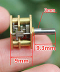 Close-up of All Metal N20 Gearbox Reduction Kit 210 To 1 DIY Speed Box Reducer Gearhead with 9.3mm D Shaft and dimensions visible