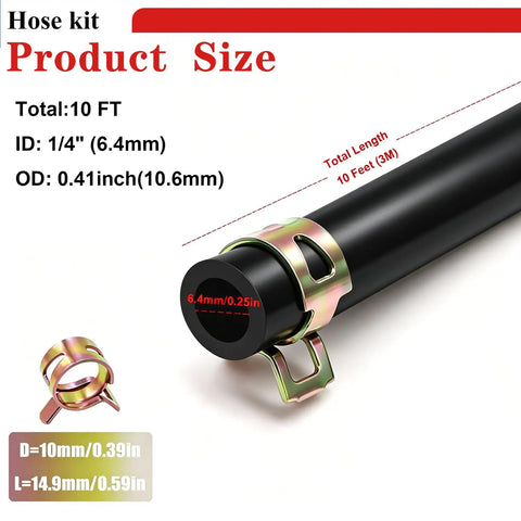 Quarter Inch ID Fuel Line Hose Kit With Ten Feet Of Line And Twenty Clamps Ethanol Resistant, showing hose size details