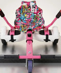 Turn Your Hoverboard Into A Sit-On Go Kart With Adjustable Frame, 360 Degree Swivel Wheel, And Ergonomic Seat, Fits 6.5, 8, And 10 Inch Hoverboards, Pink Hoverkart Attachment For Kids And Adults, Family Fun Ride shown on a hoverboard with colorful seat cover.