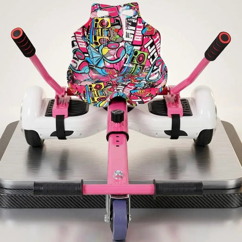 Turn Your Hoverboard Into A Sit-On Go Kart With Adjustable Frame, 360 Degree Swivel Wheel, And Ergonomic Seat, Fits 6.5, 8, And 10 Inch Hoverboards, Pink Hoverkart Attachment For Kids And Adults, Family Fun Ride shown on a hoverboard with colorful seat cover.