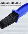 Long tail bristles of Bike And Motorcycle Chain Cleaning Brush Set Blue And Red Dual Color 10 Inch Total Length Multi Purpose Chain Maintenance Tool For Easy Chain Wash And Smooth Ride.