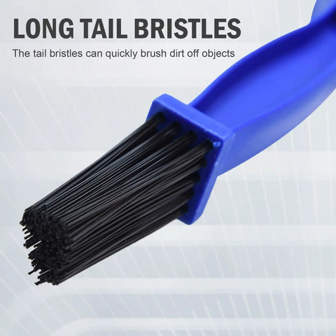 Long tail bristles of Bike And Motorcycle Chain Cleaning Brush Set Blue And Red Dual Color 10 Inch Total Length Multi Purpose Chain Maintenance Tool For Easy Chain Wash And Smooth Ride.