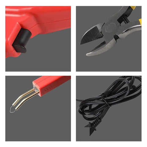 Powerful 50W Spot Welder and Hot Stapler parts for DIY car bumper repair, showing cutting tool, stapling tip, and power cord.