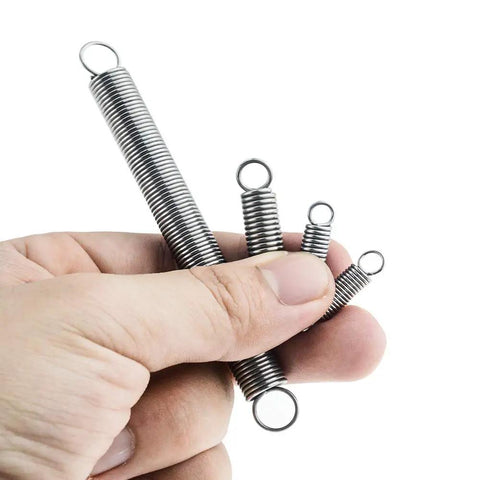 Hand holding Rugged Built To Last Dual Hook Compressed Tension Spring 304 Stainless Steel Wire Diameter 2mm various lengths