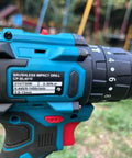 Side view of the Badass 21V Rechargeable Cordless Drill Kit with 10mm Keyless Chuck and Dual Speed Settings.