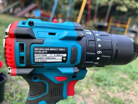 Side view of the Badass 21V Rechargeable Cordless Drill Kit with 10mm Keyless Chuck and Dual Speed Settings.