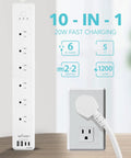 Zero Sweat Smart Power Strip Surge Protector With Six Independently Controlled Outlets, Four USB Ports Including One 20W Type C Rapid Charge, features six AC outlets and USB ports.