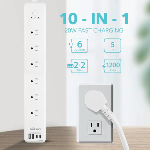 Zero Sweat Smart Power Strip Surge Protector With Six Independently Controlled Outlets, Four USB Ports Including One 20W Type C Rapid Charge, features six AC outlets and USB ports.