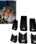Three Piece Magnetic Extension Holders For Tools, A Handy Modular Organizer Set For One Quarter Inch, Three Eighths Inch And One Half Inch Drive Extensions, Strong Magnetic Base Grips Extensions In Place In Drawer, Easy Access, Durable Black Finish.