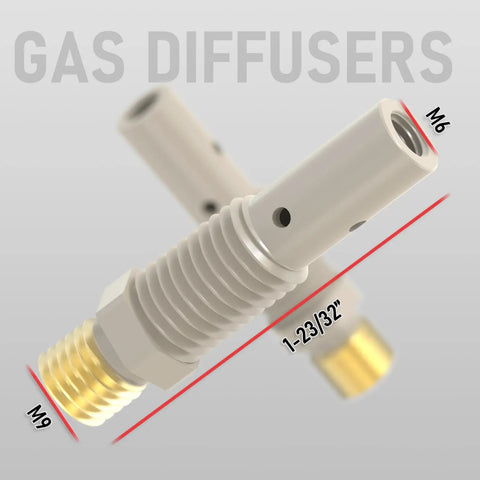 Close-up of gas diffusers for Lincoln Magnum 100L Compatible MIG Welding Gun Accessories Kit 24 Piece Set.