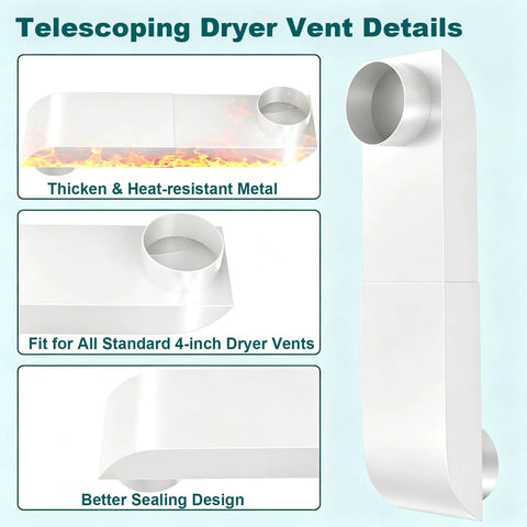 No Sweat Adjustable Telescoping Periscope Dryer Vent with details, showcasing heat-resistant metal and standard 4-inch fit.