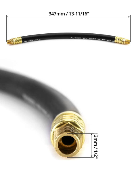 Built Tough Rubber Air Compressor Hose With Solid Brass Fittings And 300 Psi Max Pressure for shop use, 13 inch length with brass ends.