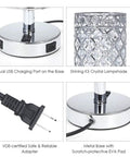 Crystal Table Lamps Set Of 2 With USB Charging Ports, metal base close-up, K5 crystal lampshade, silver details, charging ports