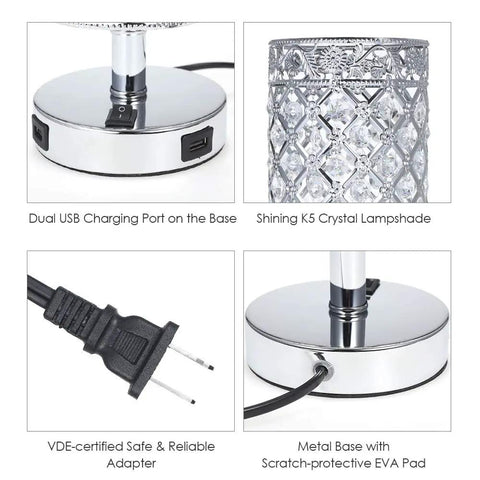 Crystal Table Lamps Set Of 2 With USB Charging Ports, metal base close-up, K5 crystal lampshade, silver details, charging ports