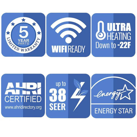 5 year warranty, WiFi ready, ultra heating to -22F, AHRI certified, 38 SEER, Energy Star ratings for 24000 BTU Wall Mount Ductless Mini Split Air Conditioner And Heat Pump Features 21.5 Seer R32 Tech To Keep Your House Chill And Cozy Year Round Bringing Straight Up Efficiency And Zero Hassles For Top Shelf Climate Comfort On 230 Volt Wiring.