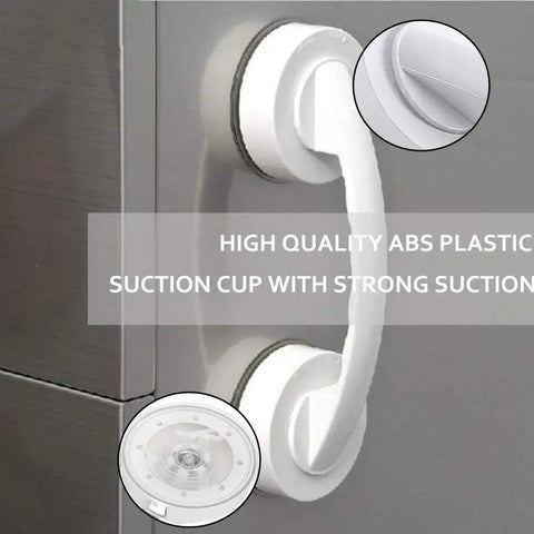 JanTeelGO Portable Suction Grab Bar With Strong Hold on a smooth surface, showcasing white ABS plastic and a strong suction cup.