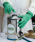Heavy Duty Chemical Resistant Nitrile Gloves With Cotton Flock Liner in use with pesticide sprayer, hands visible, green, medium