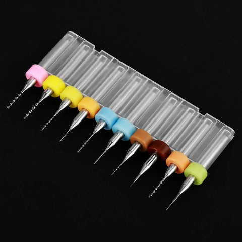 Pro Grade Tungsten Carbide Micro Drill Bits Set for PCB Circuit Boards, 10 pack in clear plastic case with colorful holders.
