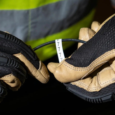 Wire Marker Book For Cable Management And Electric Panel Organization With Numbered 1 To 48 Labels, gloves holding a cable