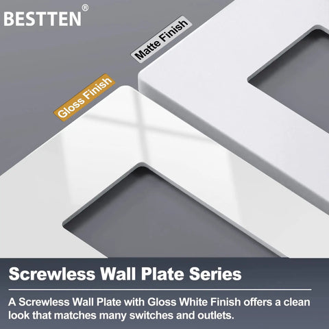 Three Gang Screwless Wall Plate Cover For Decorator Outlets And USB GFCI Receptacles Glossy Off White Finish close-up of gloss vs matte