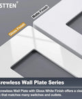 Close-up of 2 Gang Screwless Wall Plate Cover Pack Of 10 In Off White, sleek decorative face plate with gloss finish