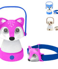 Animal Themed Kids Lantern And Headlamp Set For Camping, featuring pink fox lantern and matching headlamp, designed for toddlers.