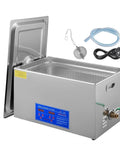 Heavy Duty Digital Ultrasonic Cleaner 30 Liter Stainless Steel Tub with lid, controls, and accessories for gear heads and jewelers.