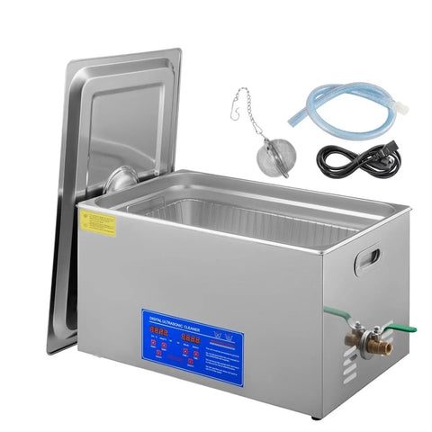 Heavy Duty Digital Ultrasonic Cleaner 30 Liter Stainless Steel Tub with lid, controls, and accessories for gear heads and jewelers.