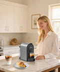 Woman using Compact Espresso Machine With 20 Bar Pump For Barista Grade Espresso One Touch Single Serve Coffee Maker Dual Brew Sizes For Espresso And Lungo 1400W Rapid Heating Mystic Gray Upgrade in kitchen