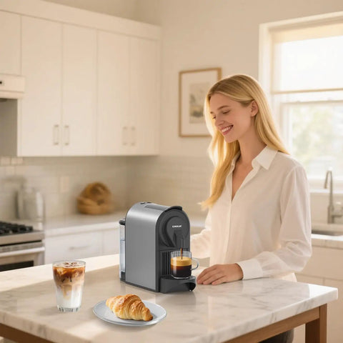 Woman using Compact Espresso Machine With 20 Bar Pump For Barista Grade Espresso One Touch Single Serve Coffee Maker Dual Brew Sizes For Espresso And Lungo 1400W Rapid Heating Mystic Gray Upgrade in kitchen